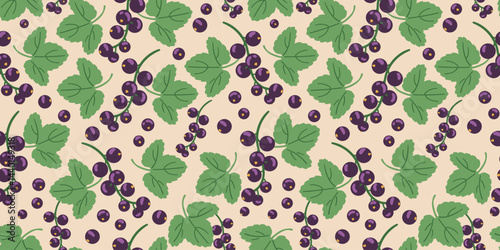 Black currant with leaves vector seamless pattern.