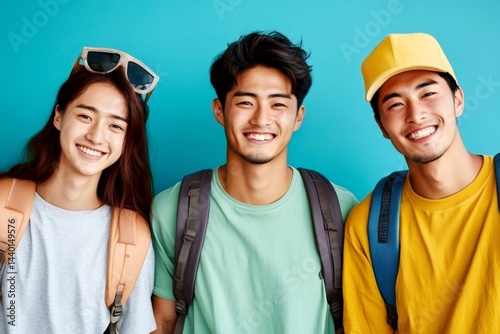 Obraz na płótnie Three happy students smiling with backpacks on a blue background w salonie