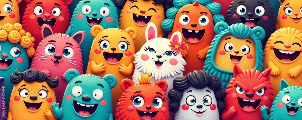 Seamless pattern of colorful funny cartoon characters with exaggerated features, pattern, exaggerated, characters Seamless pattern of colorful funny cartoon characters with exaggerated features, pattern, exaggerated, characters