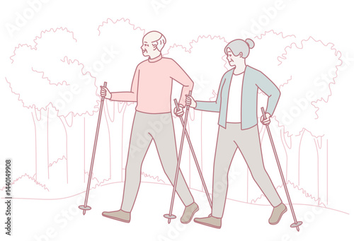 Two seniors enjoying a hike together through a beautiful scenic landscape, actively promoting health and wellness