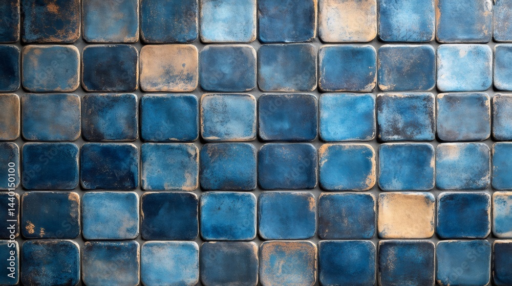 Blue and gold rustic ceramic tiles creating textured background