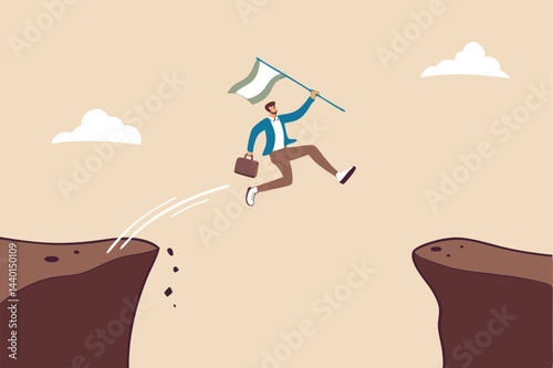 Determination and bravery to overcome obstacle and achieve business success, career challenge or motivation to win competition, determined businessman jump over cliff gap to achieve business target.