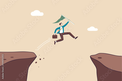 Determination and bravery to overcome obstacle and achieve business success, career challenge or motivation to win competition, determined businessman jump over cliff gap to achieve business target.