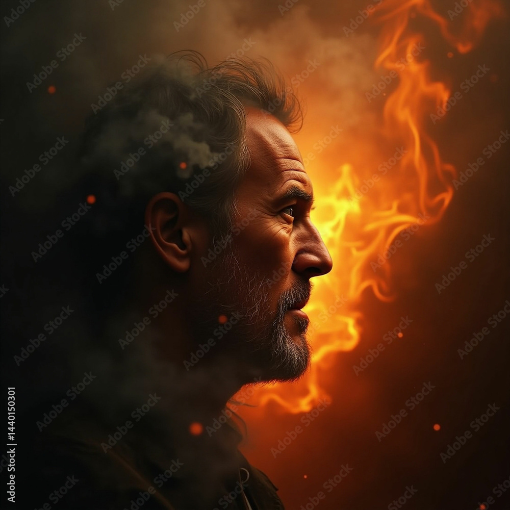 Profile of a Man Emerging from Smoke and Fire Profile of a Man Emerging from Smoke and Fire