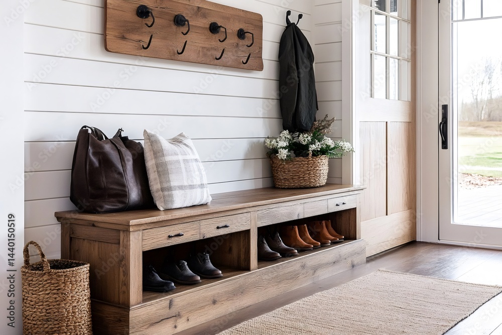 Modern farmhouse entryway with wooden bench, coat rack, and door