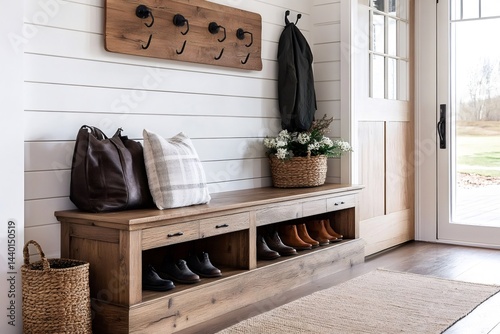 Obraz na płótnie Modern farmhouse entryway with wooden bench, coat rack, and door w salonie