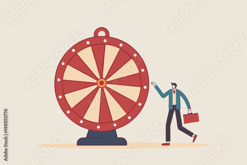 Life depend on luck, fortune wheel randomness, chance and opportunity to get new job, investment winning or gambling concept, excite businessman looking at spinning fortune wheel waiting for luck.