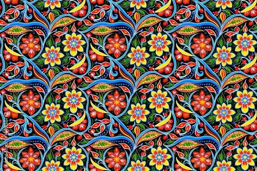 Petrykivka Ukrainian Folk Seamless Pattern Dark