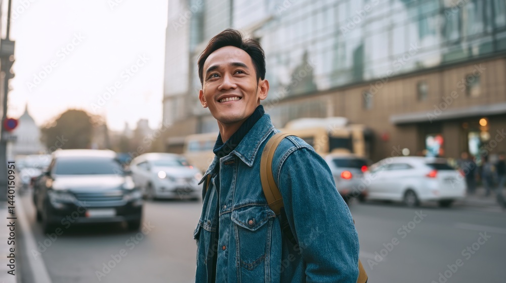 Fototapeta premium A man wearing a blue jacket and a backpack is smiling as he stands on a city street. The scene is bustling with activity, with cars and buses driving by and people walking around