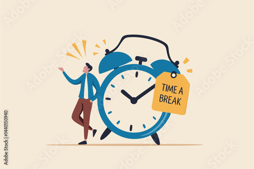 Time to take a break, coffee break time to relax and refresh from long stress interval, free from bored, sleepy and fatigue concept, relax businessman with a cup of coffee or tea with alarm clock.