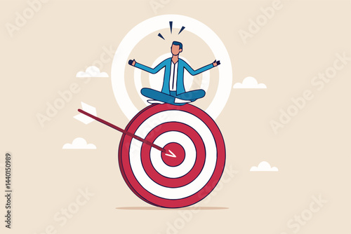 Stay focused and concentrate on business objective, goal or target, relax meditation to eliminate distraction concept, peaceful businessman meditate sitting and focusing on big archer target.