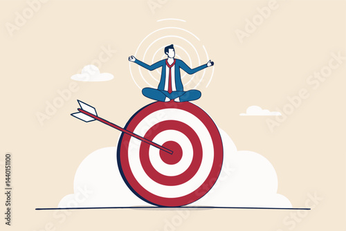 Stay focused and concentrate on business objective, goal or target, relax meditation to eliminate distraction concept, peaceful businessman meditate sitting and focusing on big archer target.
