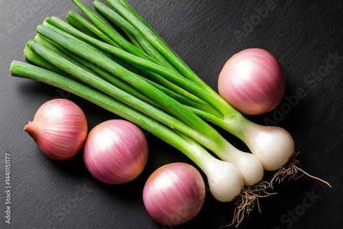 Fresh spring onions and shallots lying on dark background