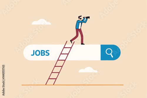 Looking for new job, employment, career or job search, find opportunity, seek for vacancy or work position concept, businessman climb up ladder of job search bar with binoculars to see opportunity.