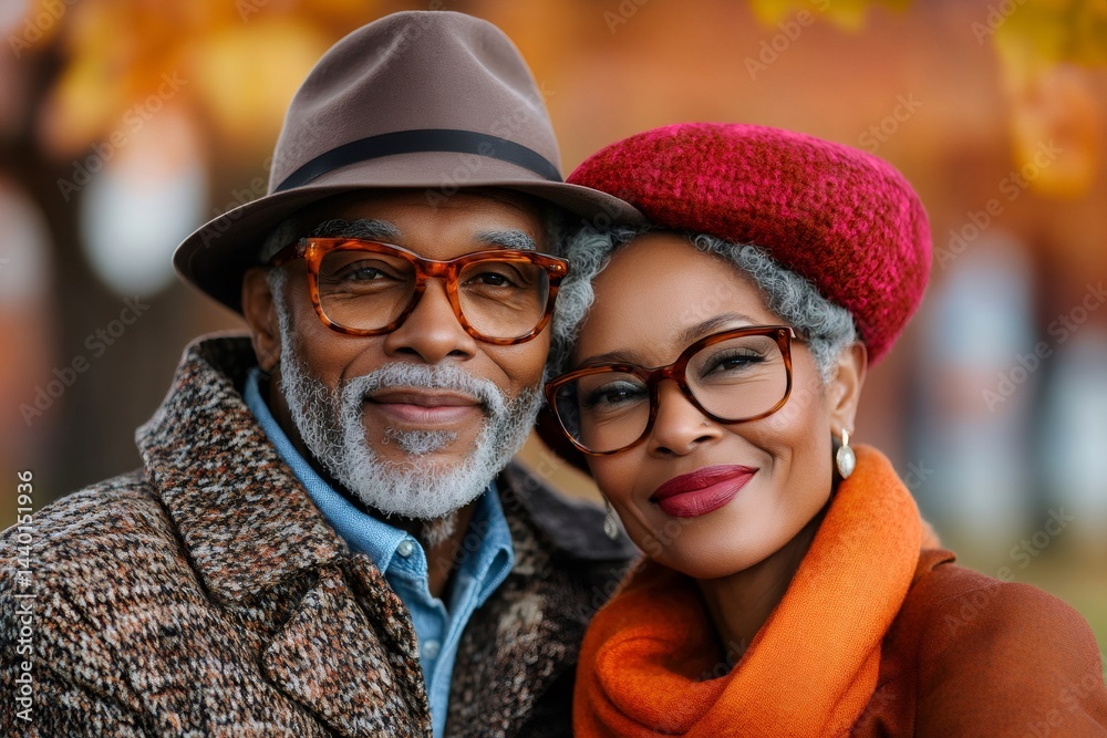 Stylish senior couple smiling together in autumn setting