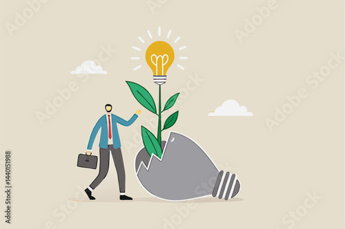 Fail to success, aspiration and effort to invent new innovation, learn from mistake or motivation to success, cheerful businessman look at seedling bright lightbulb idea plant grow from broken one.