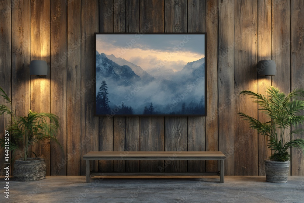 Modern interior design featuring misty mountain landscape painting