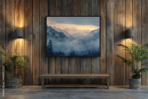 Obraz na płótnie Modern interior design featuring misty mountain landscape painting w salonie