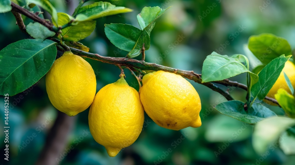 Ripe yellow lemons hanging on branch in orchard