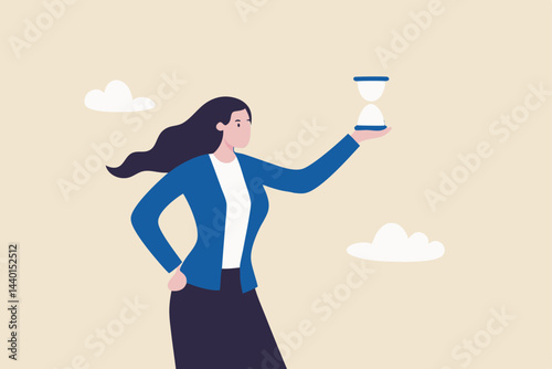 Deadline or time counting down on business project, time management, urgency or time schedule concept, confident businesswoman manager holding hourglass or sandglass as timer or time counting down.