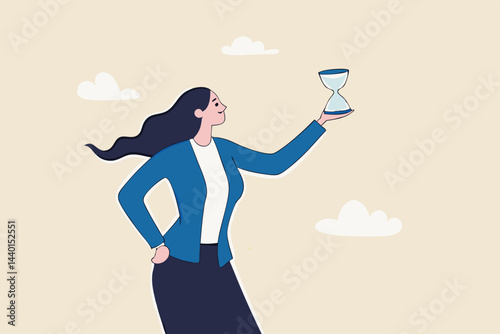 Deadline or time counting down on business project, time management, urgency or time schedule concept, confident businesswoman manager holding hourglass or sandglass as timer or time counting down.