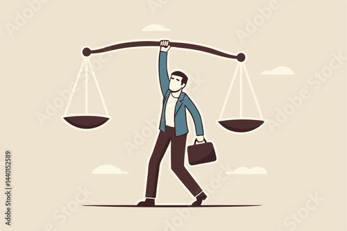 Principles and business ethic to do right things, social responsibility or integrity to earn trust, balance and justice for leadership concept, confident businessman leader lift balance ethical scale.