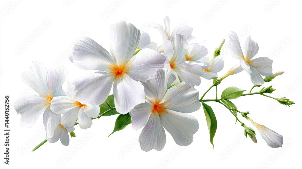 Fototapeta premium Watercolor Crepe Jasmine blossoms with delicate white petals and soft yellow centers, blooming gracefully with green leaves on white.