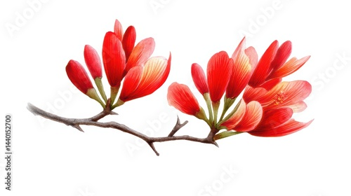 Watercolor Coral Tree blossoms with vibrant red and orange petals on slender stems, blooming against a white background.