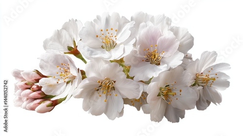 Watercolor Cork Tree blossoms with soft white petals and pale pink buds, vivid yellow stamens, blooming gracefully against a white background.