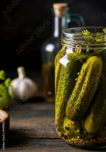 Jar of homemade dill pickles with garlic and spices on rustic wooden table