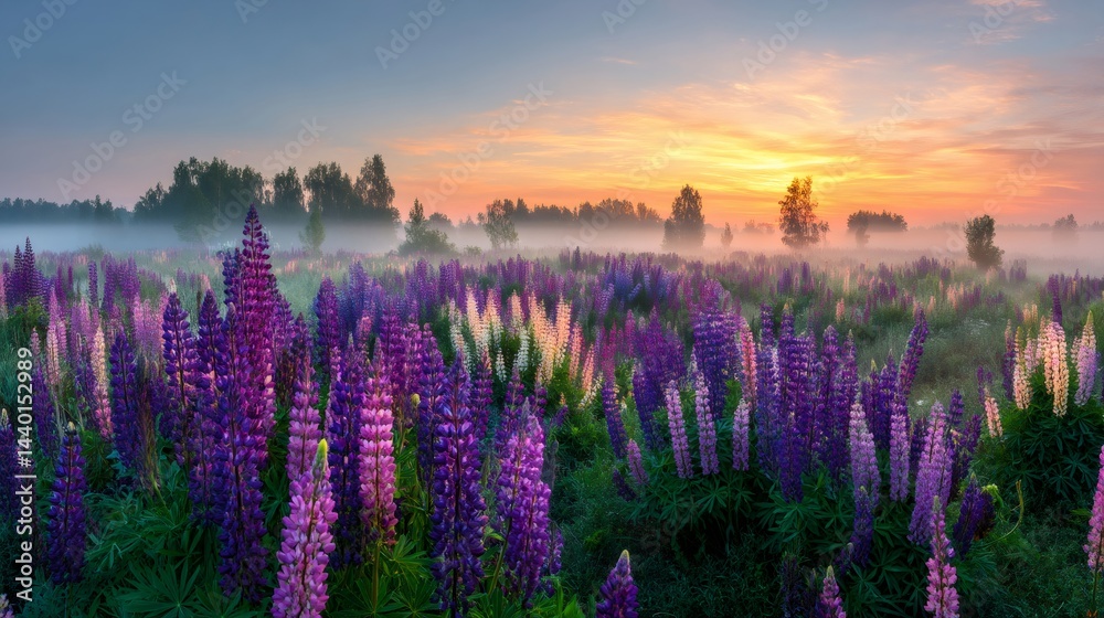 Blooming lupine flowers at sunrise creating stunning landscape