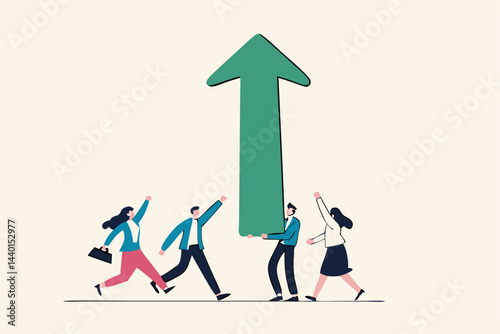 Business growth and risk to fall down, team success or career development, strategy to win big earning and profit or business challenge concept, businessman carry huge growing up arrow with colleague.
