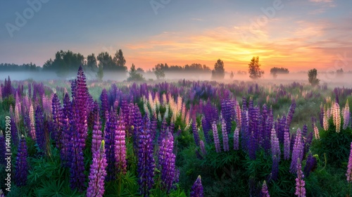 Obraz na płótnie Blooming lupine flowers at sunrise creating stunning landscape w salonie