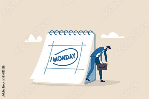 Monday blues, tired and fear of routine office work, depression or sadness worker, sleepy and frustrated on Monday morning, tired and sleepy businessman going to work with calendar showing Monday.