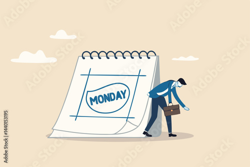 Monday blues, tired and fear of routine office work, depression or sadness worker, sleepy and frustrated on Monday morning, tired and sleepy businessman going to work with calendar showing Monday.