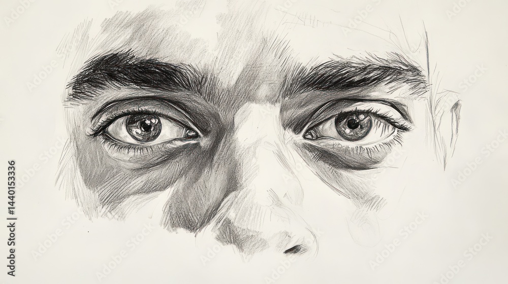 Obraz premium Detailed grayscale drawing of a man's face, focused on the eyes