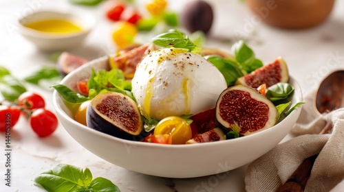 Obraz na płótnie Fresh fig and burrata salad with tomatoes and basil drizzled with olive oil w salonie
