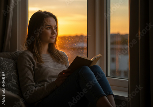 Peaceful Young Woman Reading Book by Window at Sunset - Cozy Hygge Lifestyle Stock Photo Free Download Peaceful Young Woman Reading Book by Window at Sunset - Cozy Hygge Lifestyle Stock Photo - GFXLoad