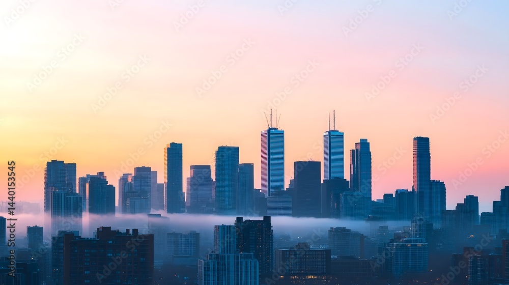 Fototapeta premium Majestic Cityscape at Dawn with Skyscrapers Bathed in Warm Morning Light and Soft Fog Rolling Over the Skyline