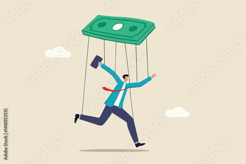 Being controlled by money, capitalism, greedy working environment, slavery, decision manipulation or bribery and corruption concept, pathetic slave businessman puppet doll being controlled by money.