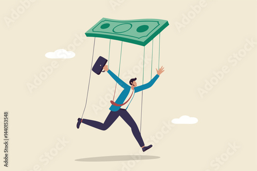 Being controlled by money, capitalism, greedy working environment, slavery, decision manipulation or bribery and corruption concept, pathetic slave businessman puppet doll being controlled by money.
