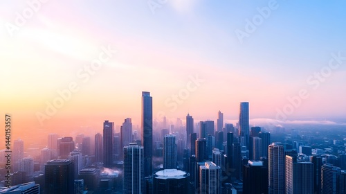 Cityscape Bathed in Warm Morning Light with Soft Fog Rolling Over Skyscrapers