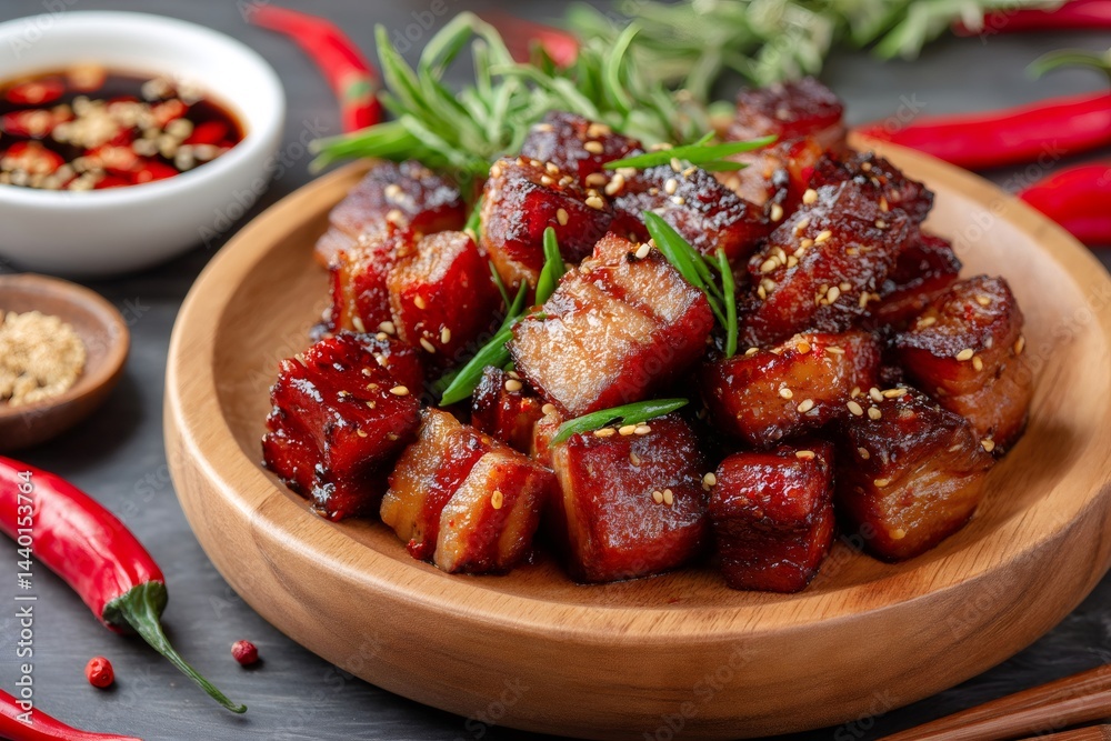 Crispy roasted pork belly bites garnished with sesame seeds and green onions