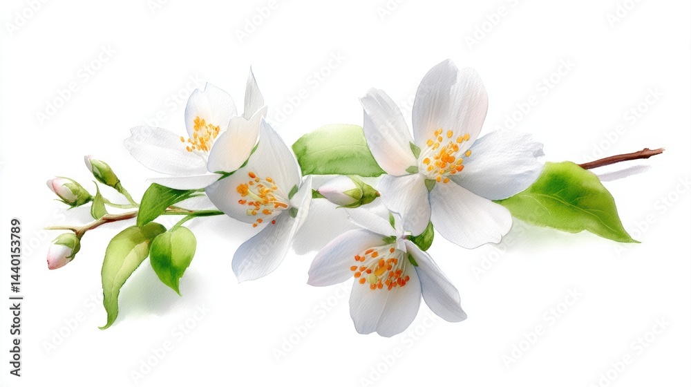 Obraz premium Delicate white jasmine flowers with green leaves and buds on a white background.