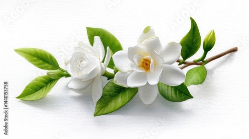 Watercolor gardenia blossoms with lush green leaves on a white background, featuring pure white petals and delicate buds.