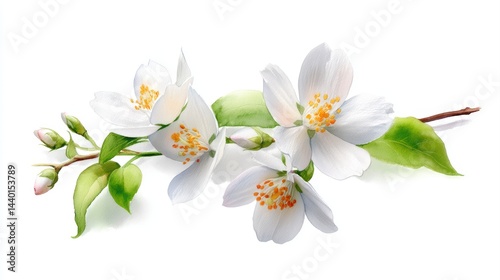 Delicate white jasmine flowers with green leaves and buds on a white background.