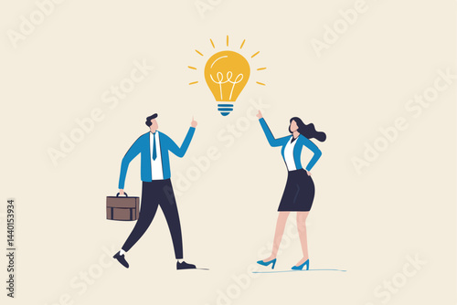 Bright idea to solve problem, business team brainstorm or thinking about new innovative idea, creativity or imagination concept, businessman and businesswoman thinking with bright lightbulb idea.