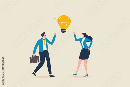 Bright idea to solve problem, business team brainstorm or thinking about new innovative idea, creativity or imagination concept, businessman and businesswoman thinking with bright lightbulb idea.