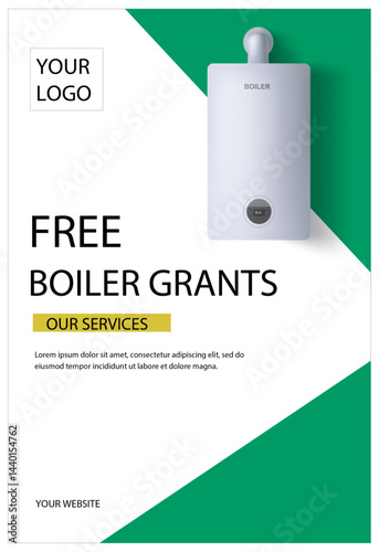 Modern boiler grant promotional poster offering free boiler installation services, featuring a sleek boiler design, clean layout, and vibrant green highlights for energy-saving initiatives.