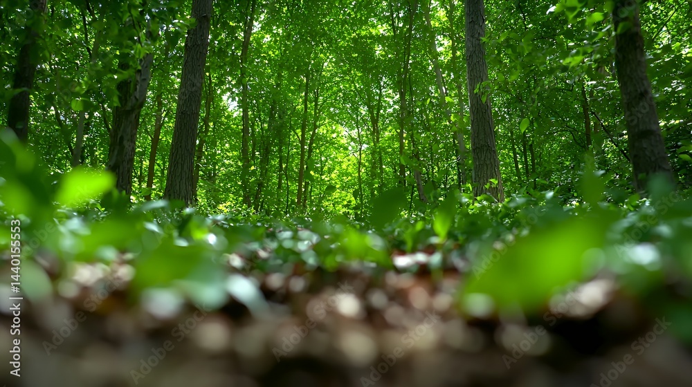 Fototapeta premium Lush Green Forest Trees and Foliage Sunlight Nature Scene